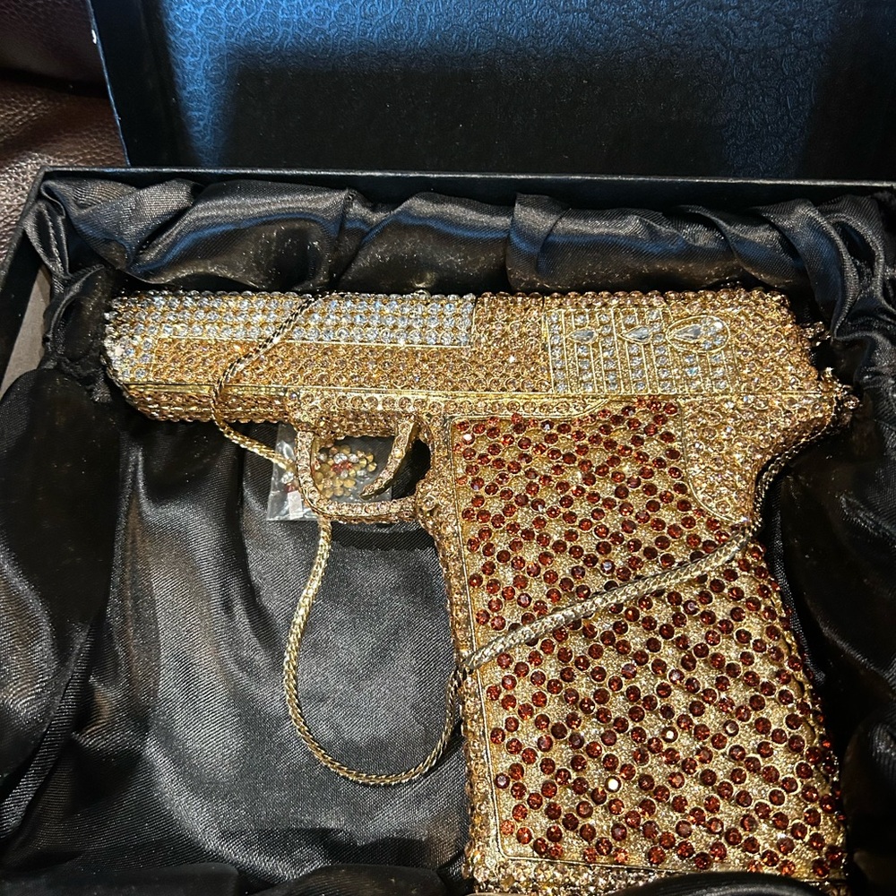 Gun shapped Gold crystal clutch purse